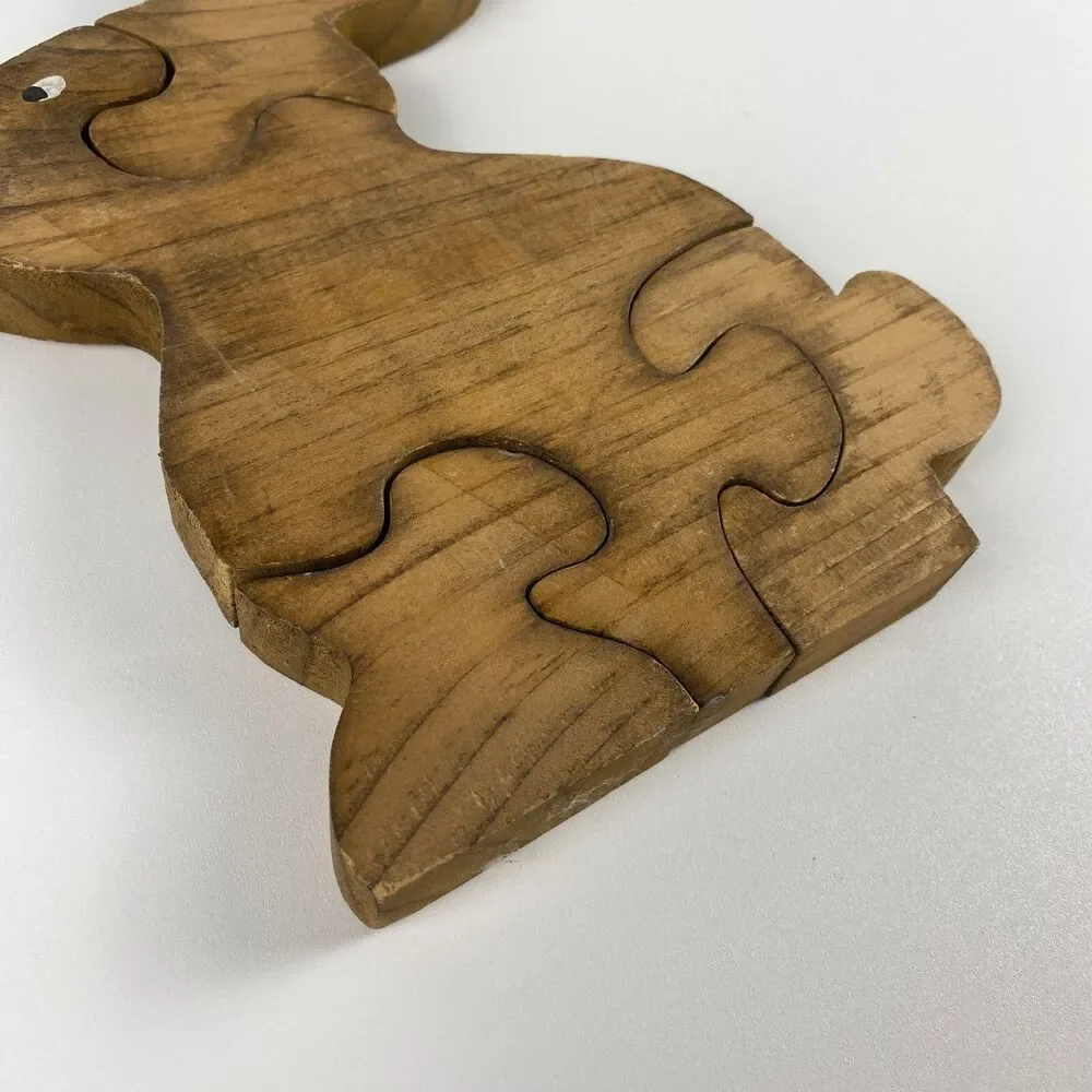 VTG Handmade Stained Wooden Bunny Jigsaw Puzzle Figurine Retro Decor 9